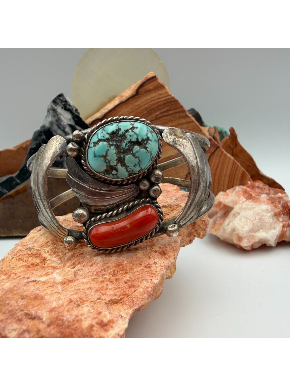 Vintage Turquoise and Coral Inlay Sterling Silver Navajo Cuff Bracelet